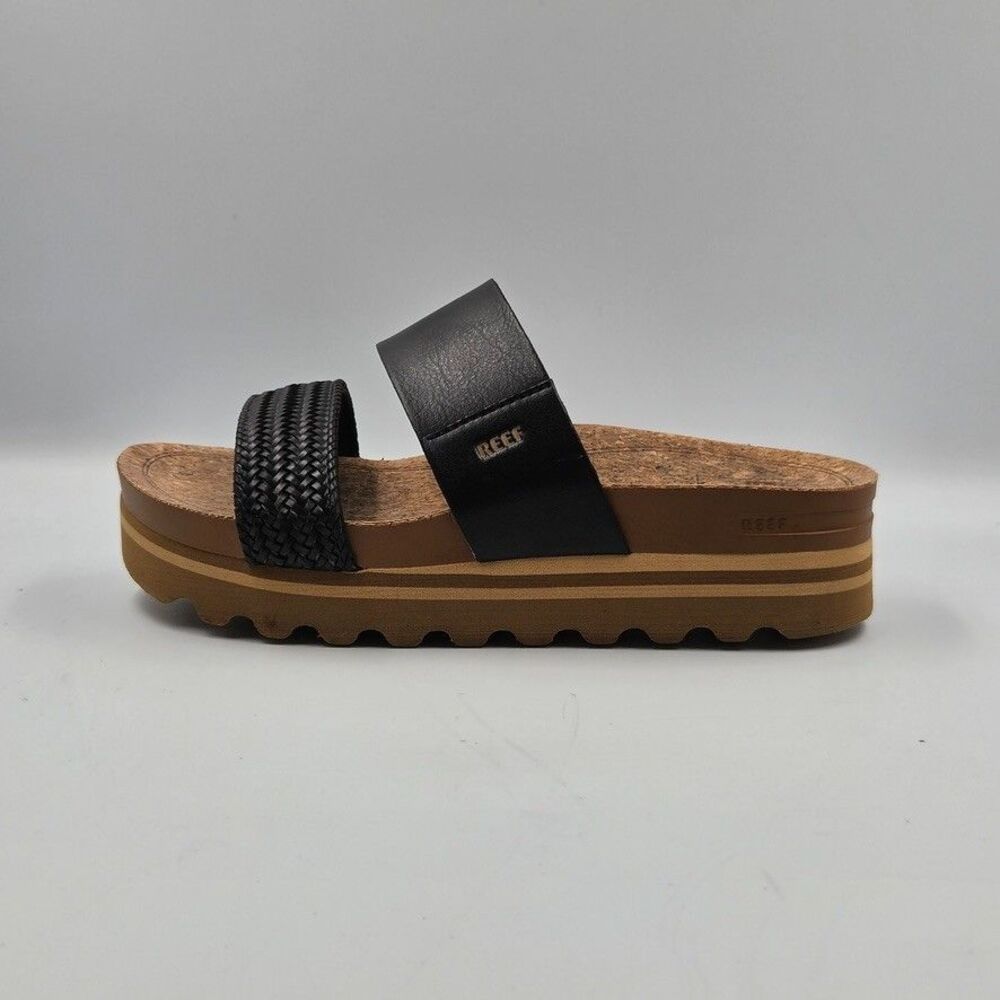 Reef Womens 6 Black Cushion Vista Hi Platform Slides Cork Dual Strap Comfort